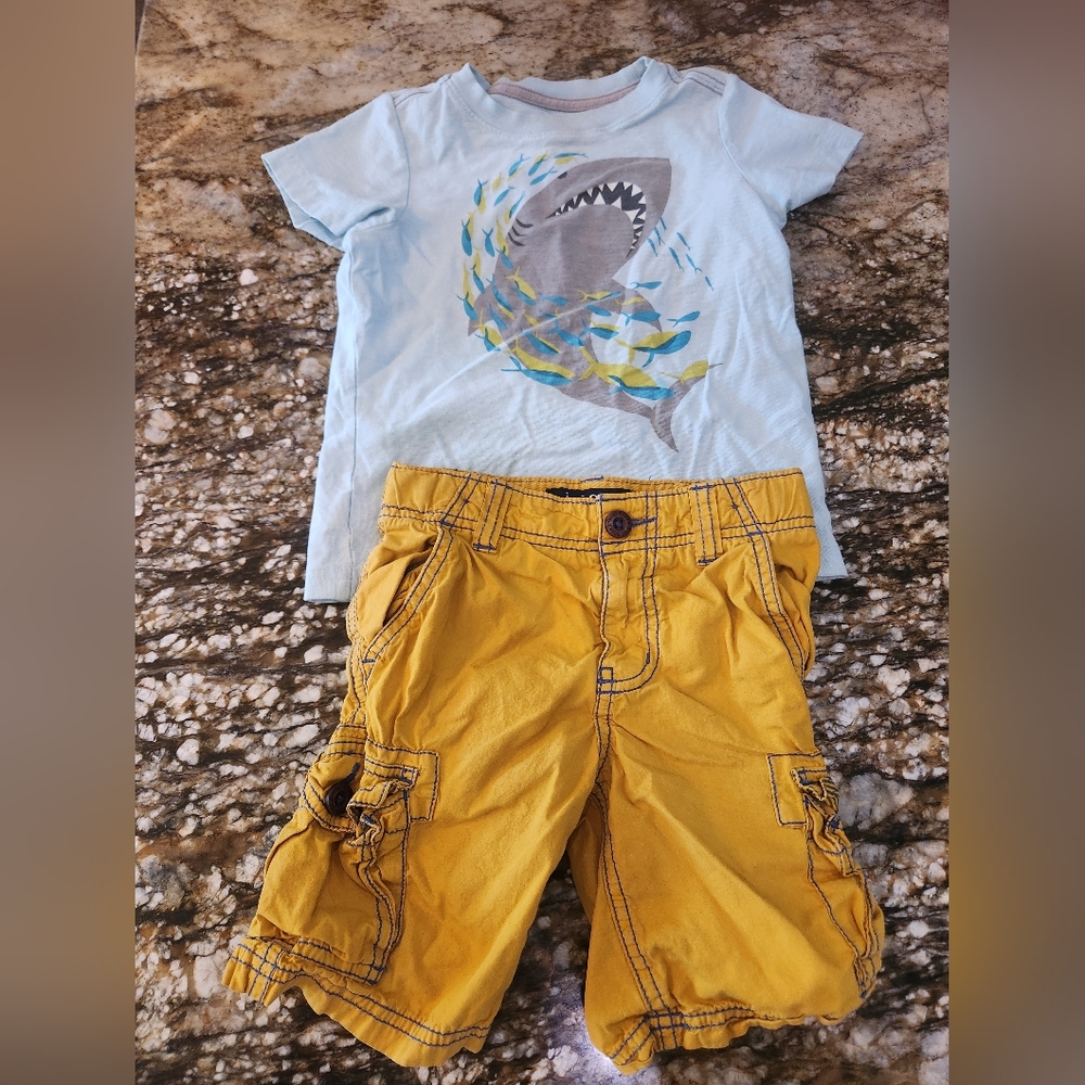 Mini Boden Light Blue Shark Tee with Mustard Yellow Cargo Shorts